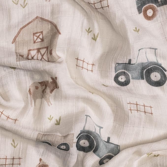 Crane Baby Charlie 2-pc. Farmhouse Tractor Dot Swaddle Set, 100% Cotton Muslin Swaddle Blankets for Newborns, Baby Boy Blanket Neutral, Infant Receiving Blankets for Boys, Rustic Farm Nursery Decor
