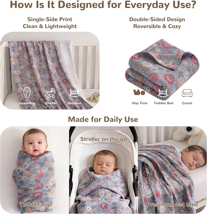 NTBAY Muslin Baby Swaddle Blanket, 2-Layer, 42x60 Lightweight Receiving Blanket for Newborns and Infants, Crib Stroller Nursery Use, Boho Flower