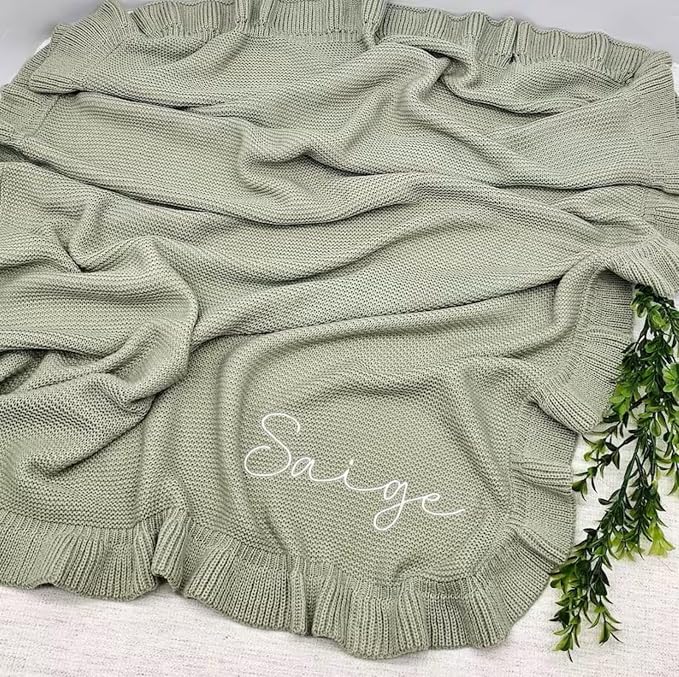 ZXH Personalized Baby Blanket,Soft Cotton Knit Baby Blanket,Embroidered Baby Blanket,Baby Blanket Sage Green,Custom Name Baby Blanket Newborn Gifts for Girl and Boy, GF24316-7