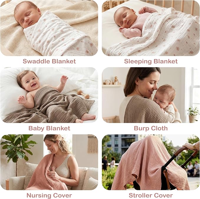 Organic Muslin Baby Blanket 3-Pack Olive, Cinnamon & Wildflower, 38x40 Inch 100% Organic Cotton Oeko-TEX Certified Ultra-Soft Swaddle Blankets for Newborn, Baby Girl Shower Gift Set