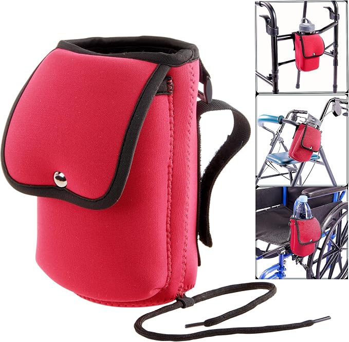High Road Neoprene Bottle Holder and Phone Pouch for Mobility Equipment and Electric Scooters - Cup Holder for Strollers, Scooters, Rollators and Walkers, Red
