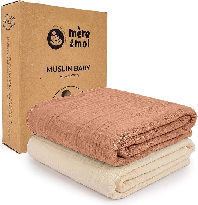 Mère & Moi: Muslin Baby Blanket ??2 Pack, Peach & Cream - 40x36", Double Layer Cotton Swaddle, Lightweight-Breathable, Oeko-TEX, Newborn-Toddler Wrap