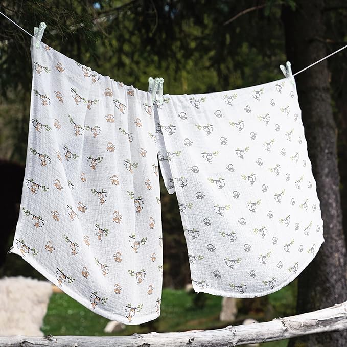 Bacati - Happy Monkeys Muslin Swaddling Blankets Set of 4 (Boys- Blue/Green/Grey/Biege)