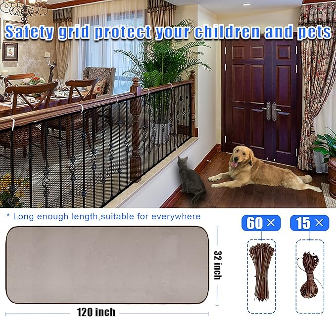 Baby Gate for Stairs, Banister Guard for Kids, Pets, Toys, 10ft L x 2.6 ft H, Mesh Netting Safety Net for Balcony Rail Stair, Stairway Net Baby Safety Products for Indoor & Outdoor (Brown)