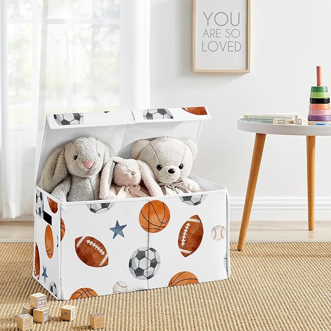 Sweet Jojo Designs Sports Theme Boy Collapsible Toy Storage Box Chest Organizer with Lid Baby Nursery Kids Childrens Room Watercolor Vintage Sport Soccer Balls Football Baseball Basketball Blue Stars