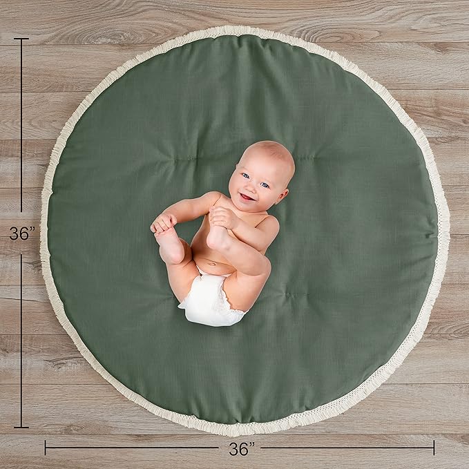Sweet Jojo Designs Dark Green Boho Chic Girl Boy Unisex Baby Playmat Tummy Time Infant Play Mat Solid Sage Hunter Ivory Bohemian Gender Neutral Linen Macrame Modern Farmhouse Designer Minimalist Tuft