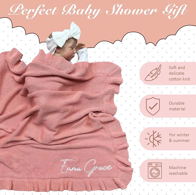 Knit ??30x40in Personalized Baby Blanket for Newborn Girl and Boy ??Custom Blanket with Name Embroidery ??Soft Knitted Baby Blanket ??Custom Baby Gifts for Baby Shower (Pink)