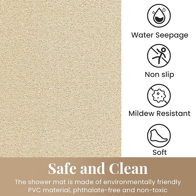 Shower Mat Bathtub Mat Non-Slip,36x16 inch, Soft Tub Mat with Drain,PVC Loofah Bath Mat (Phthalate Free) for Tub and Bathroom,Quick Drying,Khaki