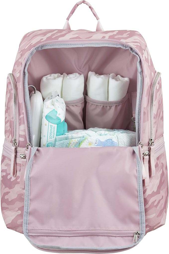 BODHI Baby Waterproof Multi-Function Travel Essentials Baby Tote Diaper Bag Backpack Changing Pad, Stroller Straps for Parents, Unisex, Pink Fluid Camo