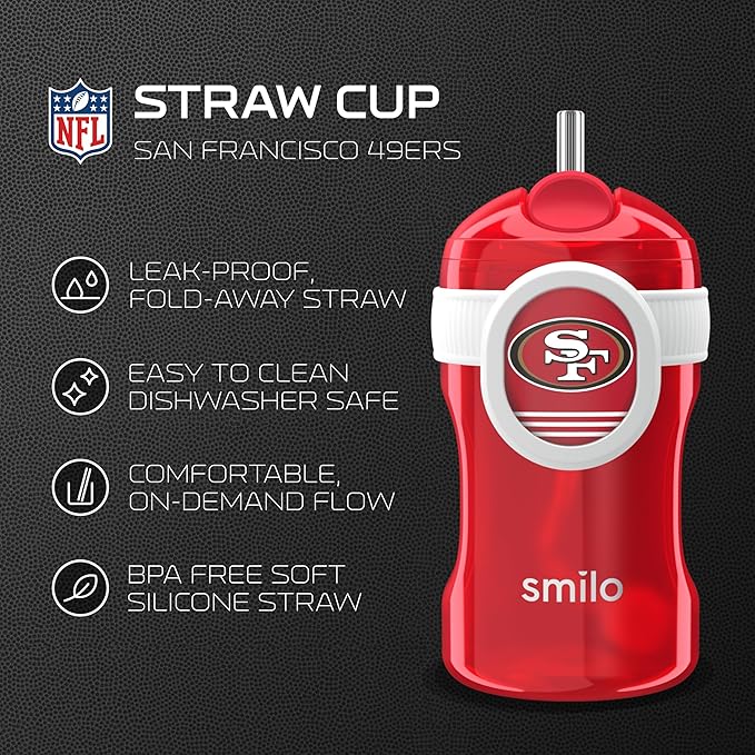Smilo Straw Cup - San Francisco 49ers Officially Licensed NFL Sippy Cup - Baby and Toddler Cup with Weighted Silicone Straw and 8.5 oz Capacity - BPA-Free