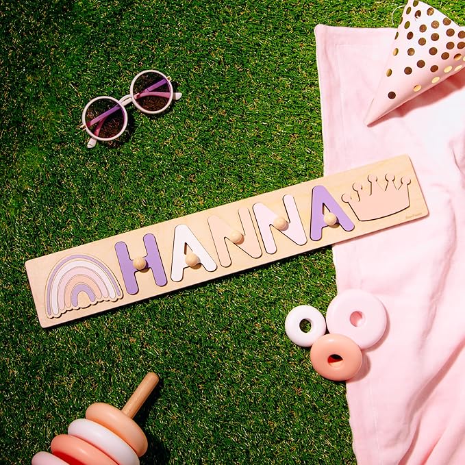 Personalized Name Puzzle Montessori Toys Nursery Decor Customized Puzzle Educational Toy for a 1 Year Old Gifts Kids Name Sign for Nursery Easter Present for Baby (Purple Pink)