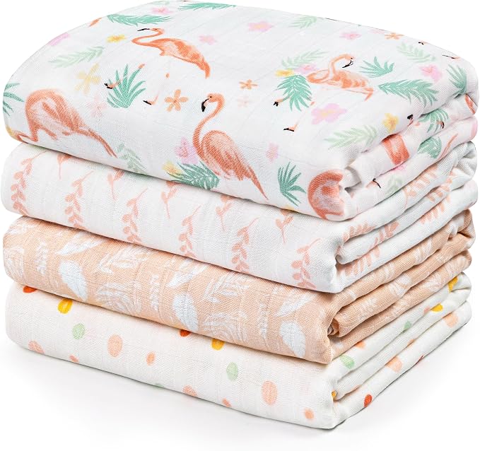 GLLQUEN BABY Muslin Swaddle Blankets 4-Pack Breathable Receiving Blankets (35" x 40") Soft Baby Blankets for Girls and Boys Newborn Essentials Muslin Burp Cloths Swaddle Wrap Baby Gift(Flamingo)