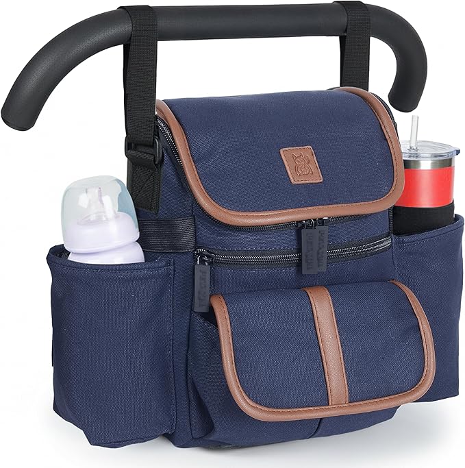 Baby Stroller Organizer Caddy with 2 Cup Holders ??NT·hut CarryZee Universal Stroller Bag, Bottle Straps, Magnetic & Zippered Pockets, Fits 11" Tablet, Water Resistant 600D Oxford (Blue)