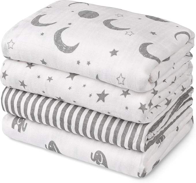 GLLQUEN BABY Muslin Swaddle Blankets 4-Pack Breathable Receiving Blankets (35" x 40") Soft Baby Blankets for Girls and Boys Newborn Essentials Muslin Burp Cloths Swaddle Wrap Baby Gift (Elephant)