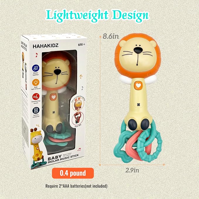 Cute Lion Baby Musical Rattle Toy 6-12-18 Months, Light-Up Teether & Sensory Chew Rubber 1st Birthday Gift for 1+ Year Old Boys Girls (Lion)
