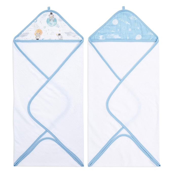 aden + anais Essentials Hooded Baby Bath Towel, Super Soft 100% Cotton, 2 Pack, Space Explorers