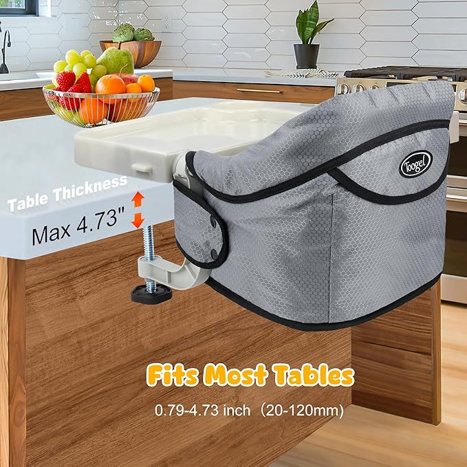 Hook On High Chair with Removable Dining Tray, Portable Travel Baby High Chair, Foldable Clip On Table Seat for 6-36 Months, Anti-Tear Fabric, Lightweight Baby Dining Chair with Carry Baby (Grey)