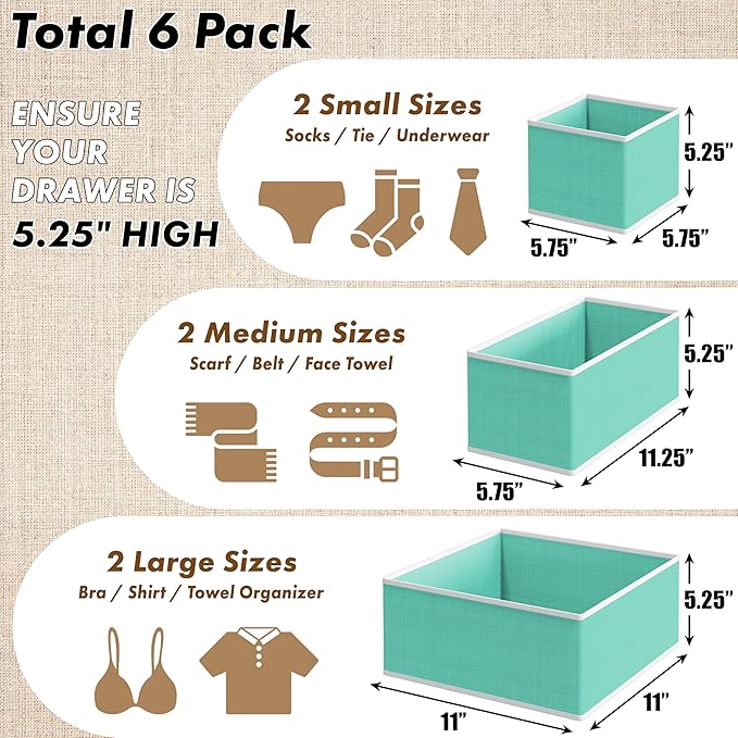 Simple Houseware Underwear Drawer Organizer for Lingerie/Undergarment/Bra/Panty/Sock/Onesie, Set of 6, Turquoise