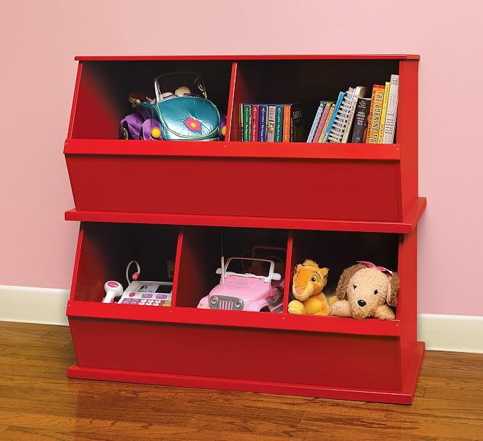 Badger Basket Two-Bin Stackable Toy Storage Cubby Organizer for Kids – Durable Kids Room Storage, Playroom Organizer, Easy Access Bins - Crimson Red