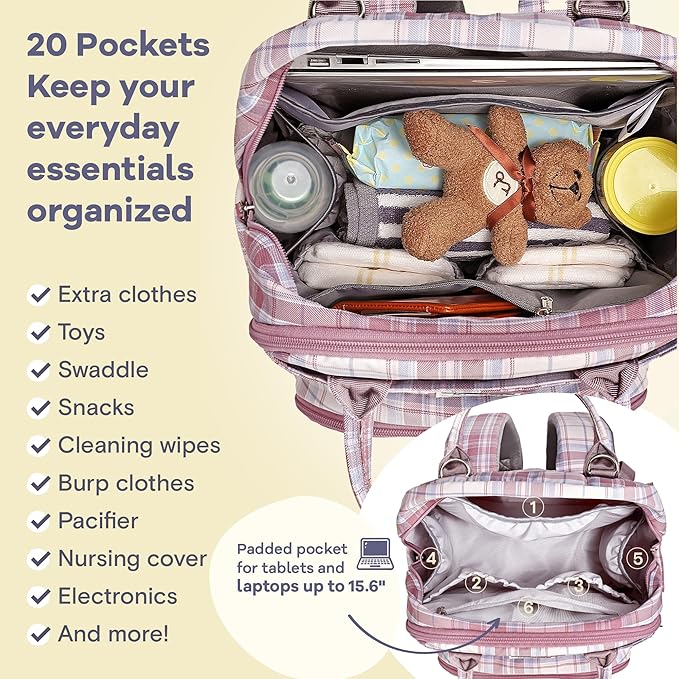 RUVALINO Diaper Bag Backpack, Multifunction Travel Pack Maternity Baby Changing Bags, Large Capacity, Waterproof, Pink Plaid