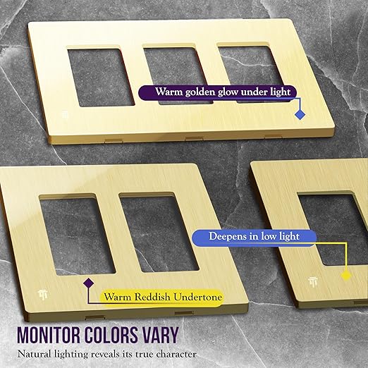 ENERLITES Elite Series Screwless Decorator Wall Plate Child Safe Outlet Cover, Gloss Finish, Size 3-Gang 4.68" H x 6.53" L, Unbreakable Polycarbonate Thermoplastic, SI8833-BGD, Brushed Gold