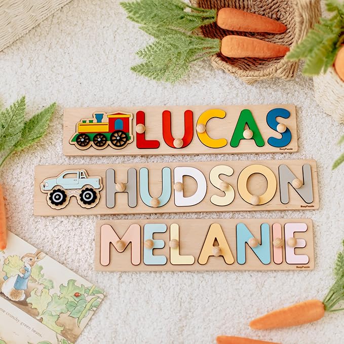 Personalized Name Puzzle Montessori Toys Nursery Decor Customized Puzzle Educational Toy for a 1 Year Old Gifts Kids Name Sign for Nursery Easter Present for Baby (Pastel Boy)