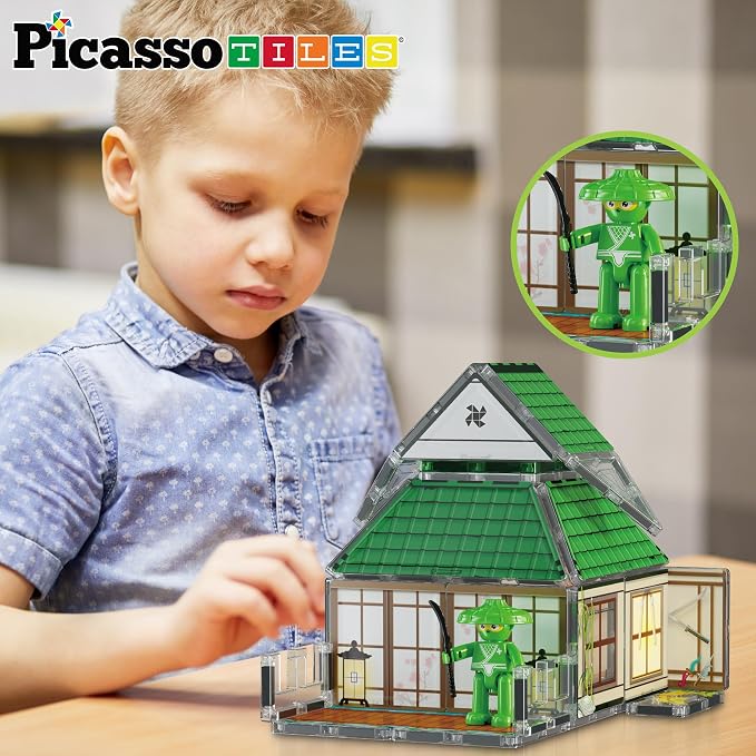 PicassoTiles Magnet Tile Building Blocks Ninja Dojo House Theme STEM Playset with 4 Character Action Figure Ninjas Weapon Accessories Magnetic Tiles Educational Toy Pretend Play Toddlers Ages 3+ PTQ07