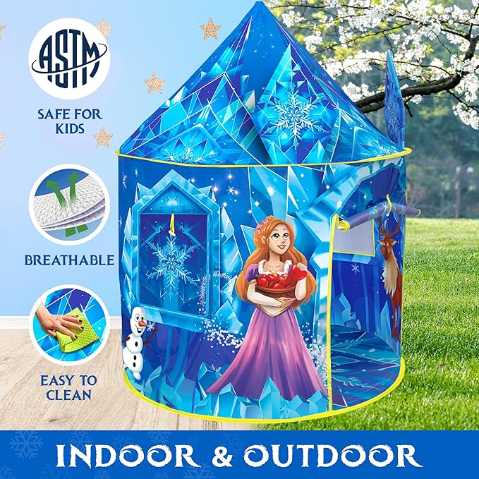 W&O Frozen Princess Tent for Girls with Magical Sound Button, LED Lights, Crown & Wand ??Indoor & Outdoor Frozen Tent for Girls Ages 3-7