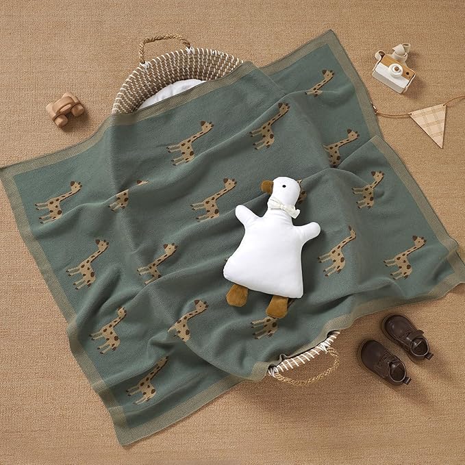 Opewod Soft Cotton Knit Baby Blanket with Cute Deer Print 40x30in Newborn Receiving Blanket Swaddle Cuddle Blanket for Crib, Stroller, or Nursery for Infants & Toddlers Dark Green