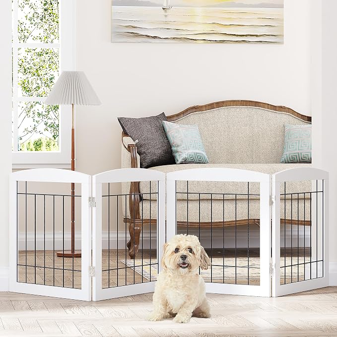Dog Gate - 4 Panel Foldable Pet Gate Indoor for Doorways, House, Stairs, Freestanding Gate for Dogs - 80x24 -Inch Puppy Safety Fence by PAWLAND, White
