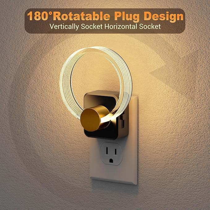JandCase Night Light, Night Lights Plug into Wall, 2 Pack Dimmable Nightlight with Dusk to Dawn Sensor, 180° Rotatable Round Plug in Nightlights, LED Circle Acrylic Night Light for Bathroom Kids Gifts