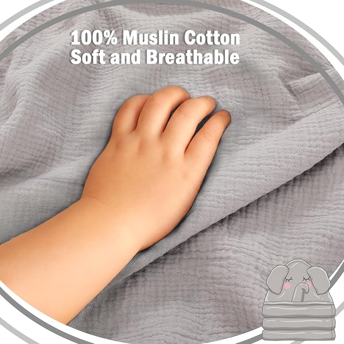 Mindsoft Muslin Hooded Baby Towel 100% Cotton Soft Absorbent Bath Towel with Cute Gray Elephant Design 32 x 32 Inch Muslin Baby Bath Essentials for Boys Babies Infant Toddler Kids