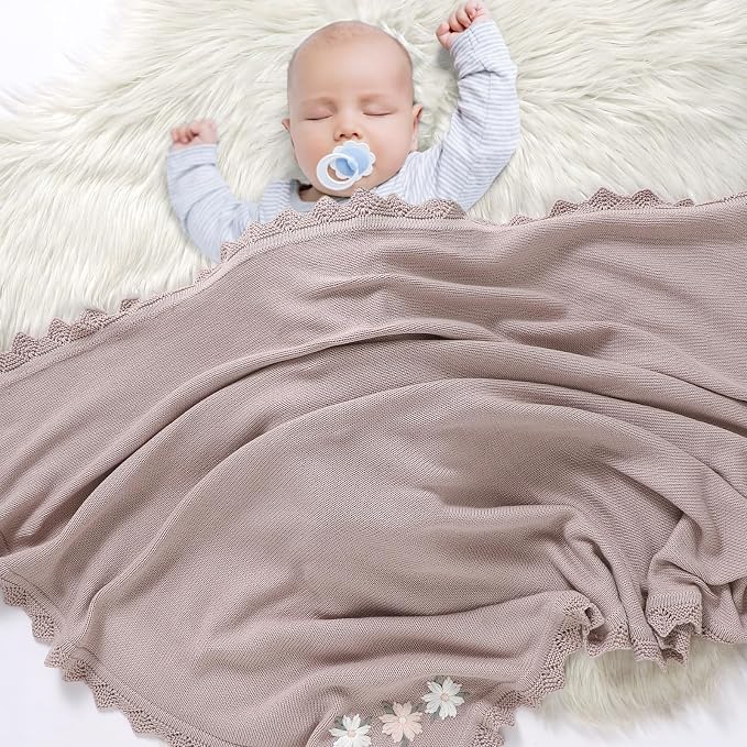 LAWKUL Baby Blanket 100% Traceable Cotton Knit Receiving Blankets Crib Blanket for Newborn Boy Girls 40"x30" White Floral