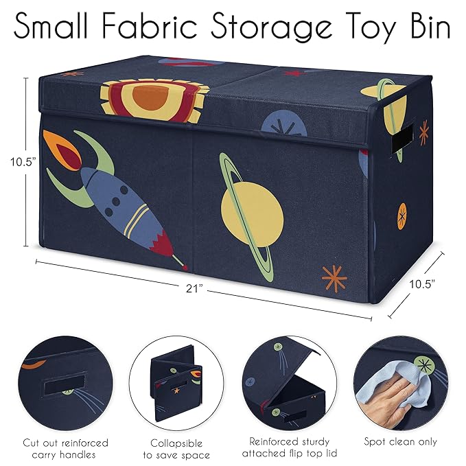 Sweet Jojo Designs Space Galaxy Planets Boy Small Fabric Toy Bin Storage Box Chest For Baby Nursery or Kids Room - Navy Blue Star and Moon Rocket Ship