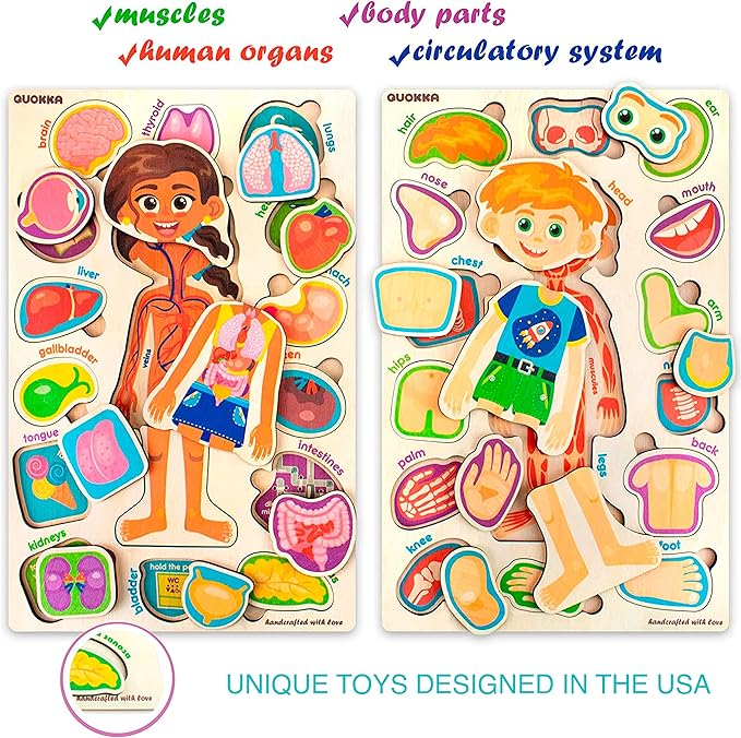 QUOKKA Puzzles for Kids – Montessori Puzzles for Toddlers 3-5 – Preschool Game Learning Human Body Parts Anatomy Skeleton – Educational Toys for Boy & Girl