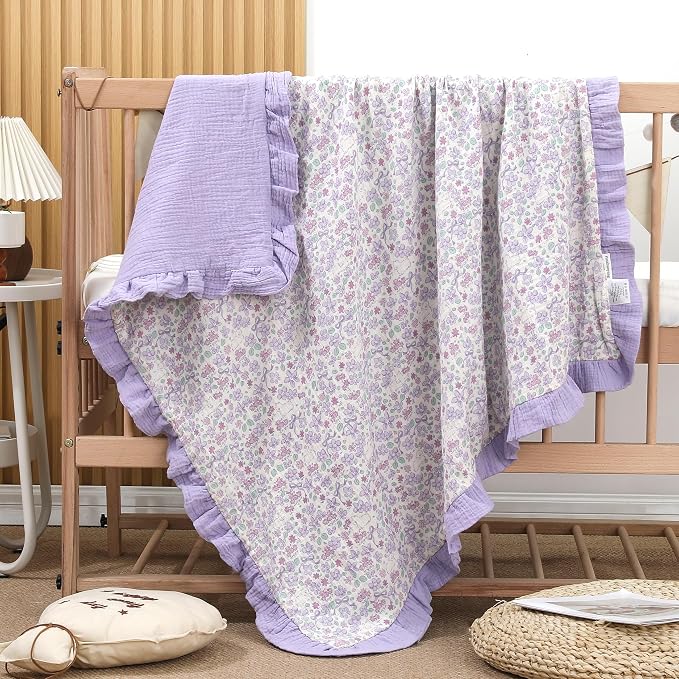 Muslin Toddler Blanket 43"x43" - 100% Cotton Super Soft Crib Blanket for Baby, Infant, Toddler & Baby Girl,Lightweight Nursing Cover & Breathable Stroller Blanket,Floral Design (Purple)
