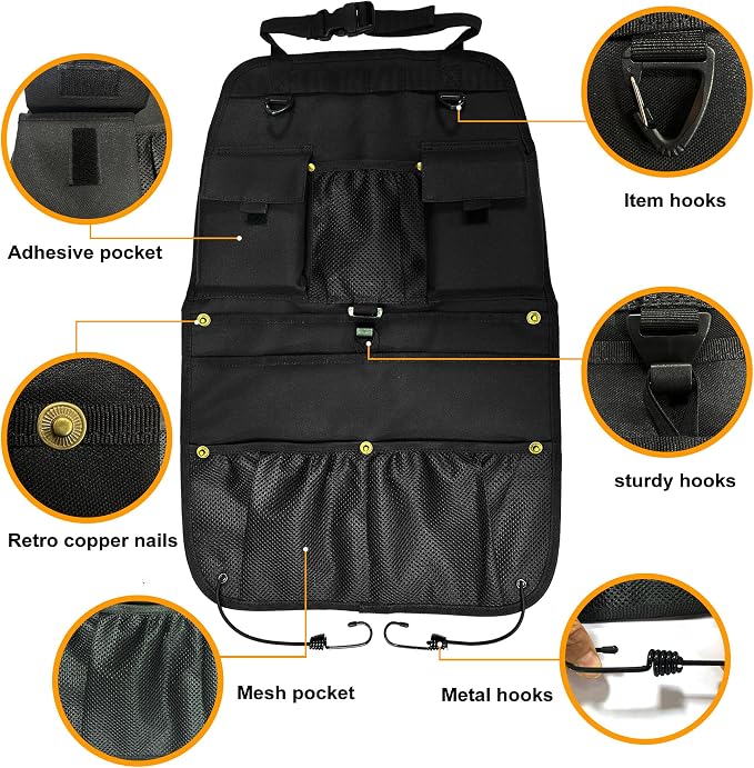 Car Seat Back Organizer with Multiple Storage Pockets, Black Mesh and Fabric, Universal Fit