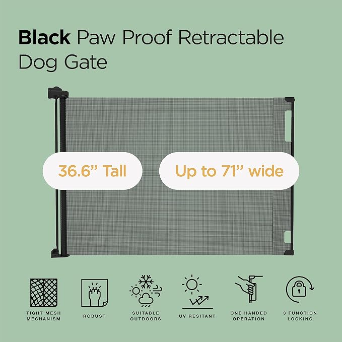 Hakuna Pets Indoor/Outdoor Paw Proof Retractable Dog Gate, 36.6" Tall Extends to 71" Wide, Black