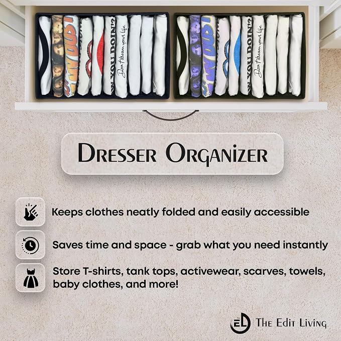 Drawer Organizer Clothes - 3 Set Multipurpose Dresser Drawer Organizer for Adults & Kids, Closet Foldable 10 Cells per Organizer - Non-Woven Fabric, T-Shirts, Baby Clothes, Shorts Organizer - Black