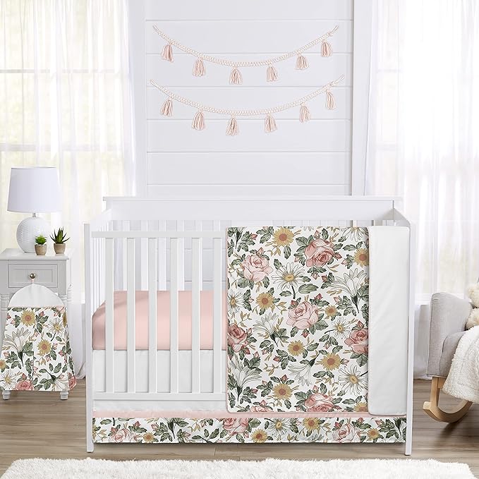 Sweet Jojo Designs Vintage Floral Girl Baby Playmat Tummy Time Infant Play Mat - Blush Pink, Yellow, and Green Boho Shabby Chic Rose Flower Farmhouse