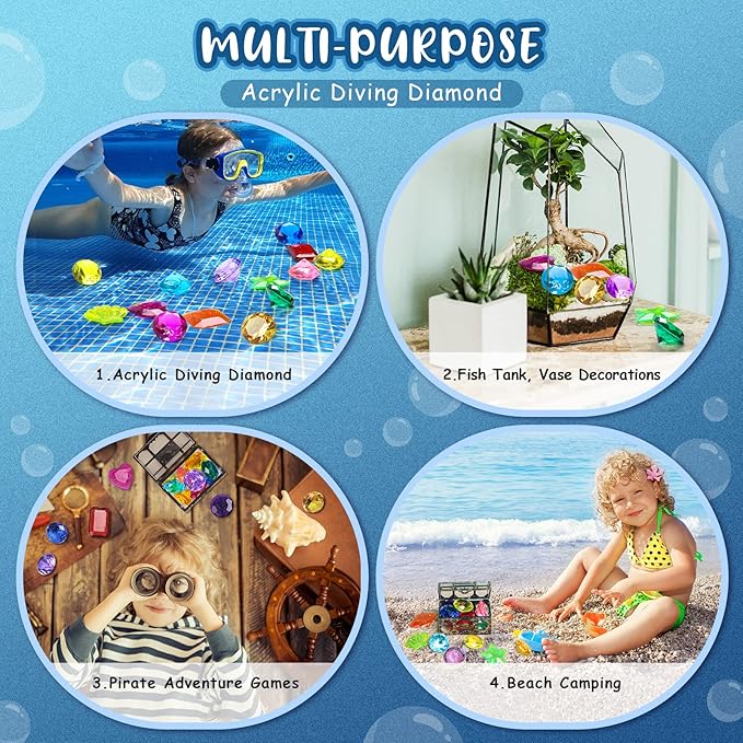 DISHIO Diving Gem Pool Toys 16PCS Large Swimming Pool Toy Set with Pirate Treasure Box Chest for Kids Toddlers Underwater Sinking Dive Gems Colorful Diamond Diving Toys for Swimming Training