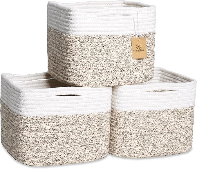 NaturalCozy Storage Cubes 9?�x9?�x7?�Cotton Rope Woven Baskets for Organizing 3-Pack | 9 Inch Cube Storage Bin | Small Basket for Shelf Nursery, Pantry, Decorative Plant, Bathroom Closet, Toy Gift