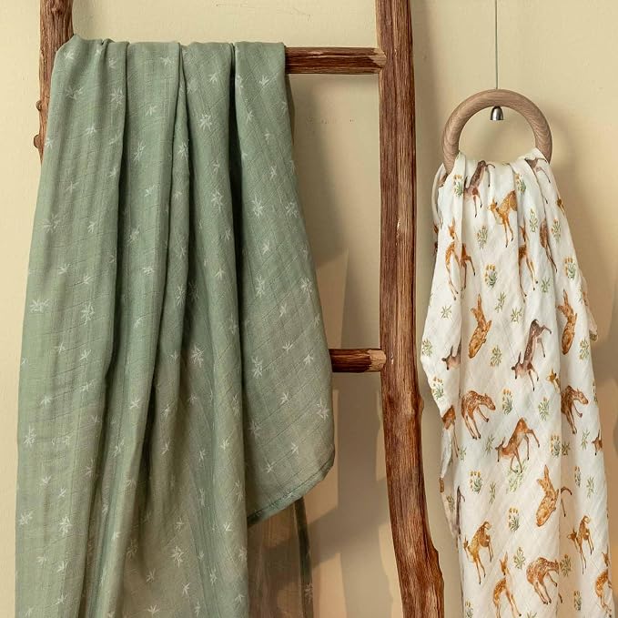 GLLQUEN BABY Muslin Swaddle Blankets Breathable Receiving Blankets (35" x 40") 2-Pack Soft Baby Blankets for Girls and Boys Newborn Essentials Muslin Burp Cloths Swaddle Wrap Baby Gift(Deerling)