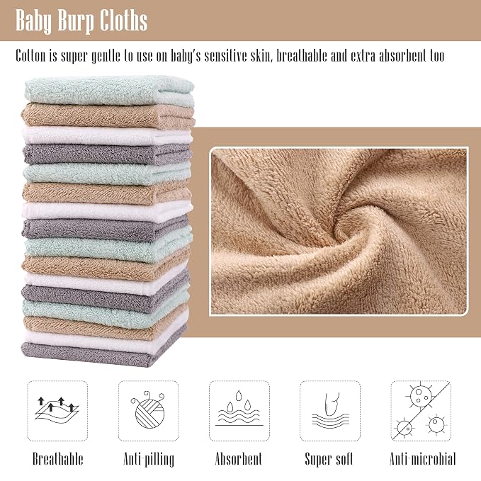 Cute Castle Ultra-Soft Baby Washcloths, 16 Pack - 9" by 9", Gentle on Sensitive Skin for Face and Body, Plush, Super Absorbent Wash Clothes for Girls and Boys,White+Brown+Grey+Sage Green