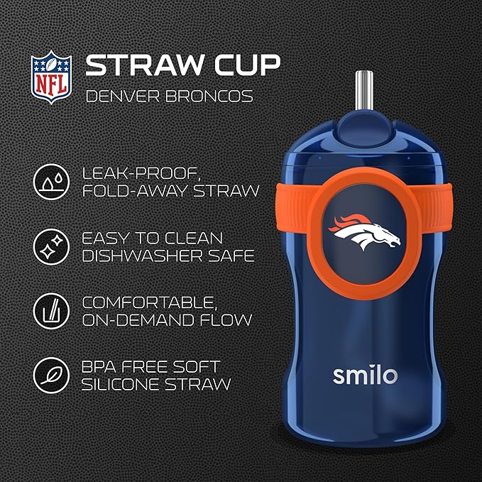 Smilo Straw Cup - Denver Broncos Officially Licensed NFL Sippy Cup - Baby and Toddler Cup with Weighted Silicone Straw and 8.5 oz Capacity - BPA-Free