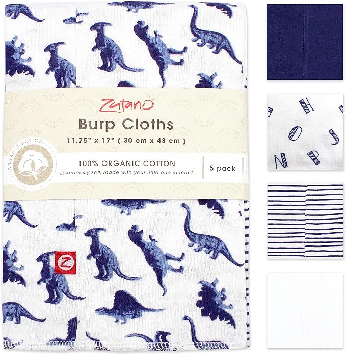 Zutano 5-Pack Organic Burp Cloths for Baby Girl & Boy, Large Cotton Burping Cloths for Babies | Absorbent Baby Spit-Up Rags | Gender Neutral Burp Clothes | Newborn Essentials, Dino Party
