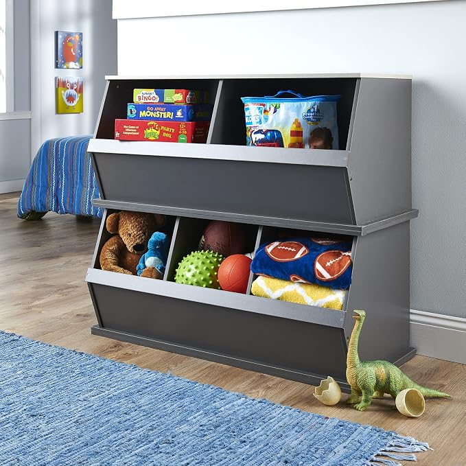Badger Basket 3-Bin Stackable Toy Storage Organizer and Cubby for Kids – Durable Plastic Bins, Easy Access Storage for Toys, Books, and Kids’ Room – Charcoal Gray