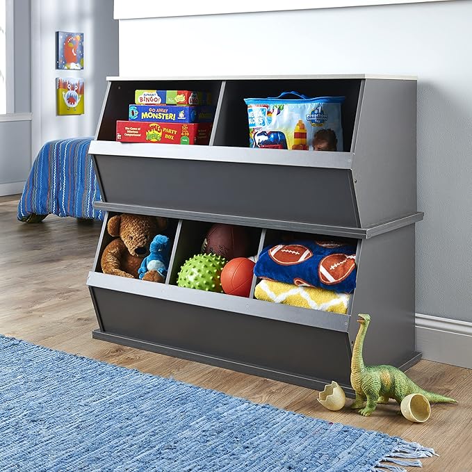 Badger Basket Two Bin Stackable Toy Storage Cubby Organizer for Kids, Playroom, Bedroom, or Nursery ??Wooden Toy Chest and Book Storage Unit ??Charcoal/Gray Woodgrain