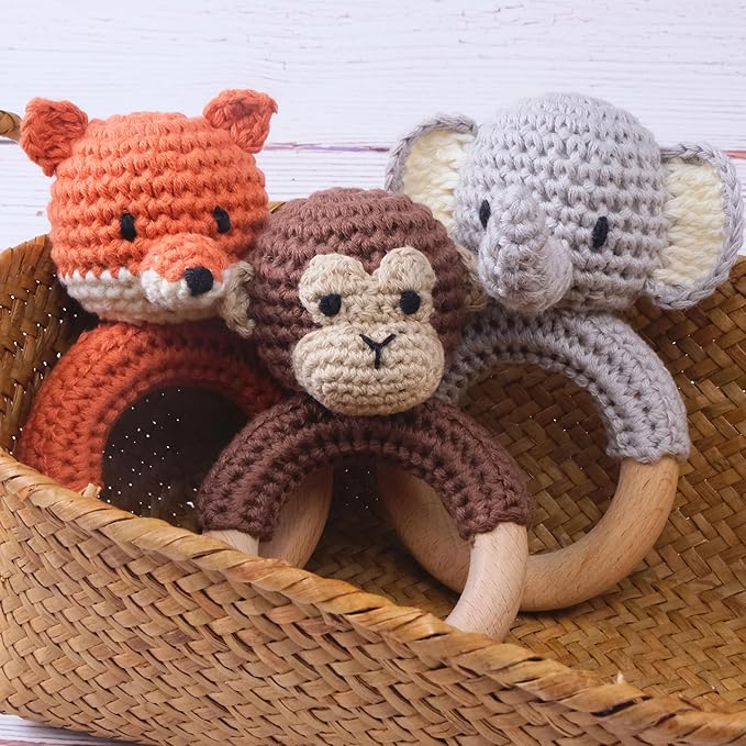 Joliecraft Safari Animals Wooden Baby Rattle Toys Stuffed Crochet Rattle with Teether Ring for Newborn, Orange Fox
