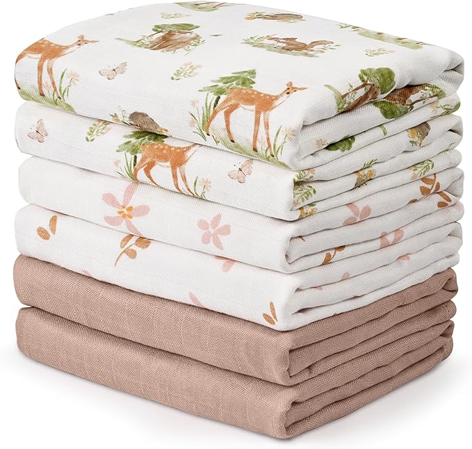 GLLQUEN BABY Receiving Blanket Boy Cotton Muslin Swaddle Blankets Girl Newborn Squares Breathable & Soft Thin Baby Blankets Cloths Double Absorbent Infant Swaddling Wrap - 6 Pack (Deer & Soft Light)
